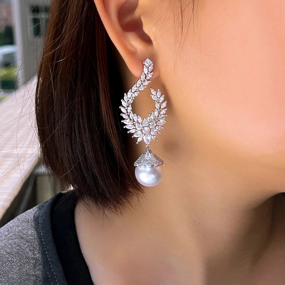 ThreeGraces Elegant Shiny Cubic Zirconia Big Simulated Pearl Long Statement Bridal Earrings Women Wedding Party Jewelry E1936