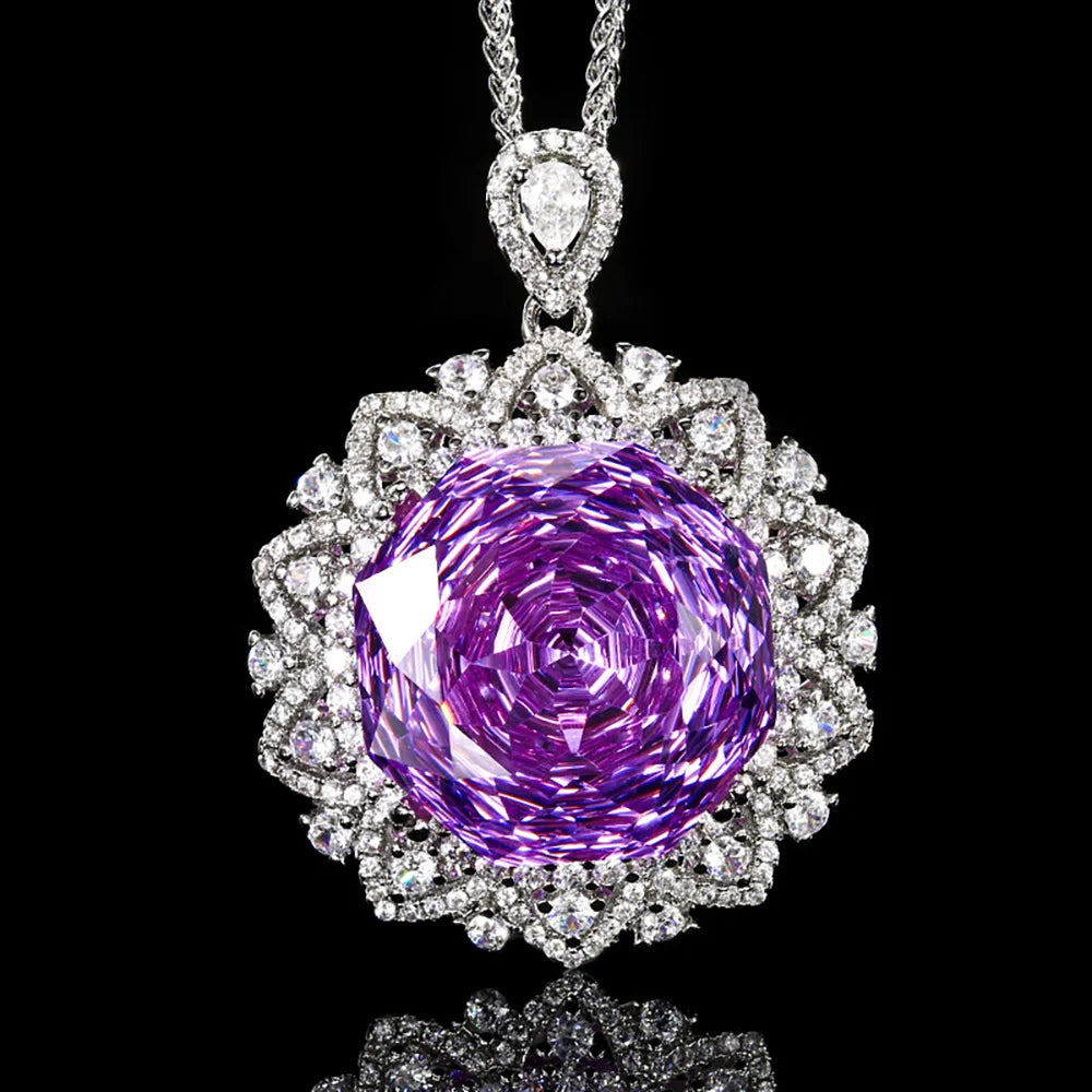 Retro 18mm Amethyst Pink Quartz Tourmaline Pendant Necklace for Women Lab Diamond Cocktail Party Fine Jewelry Accessories Gift