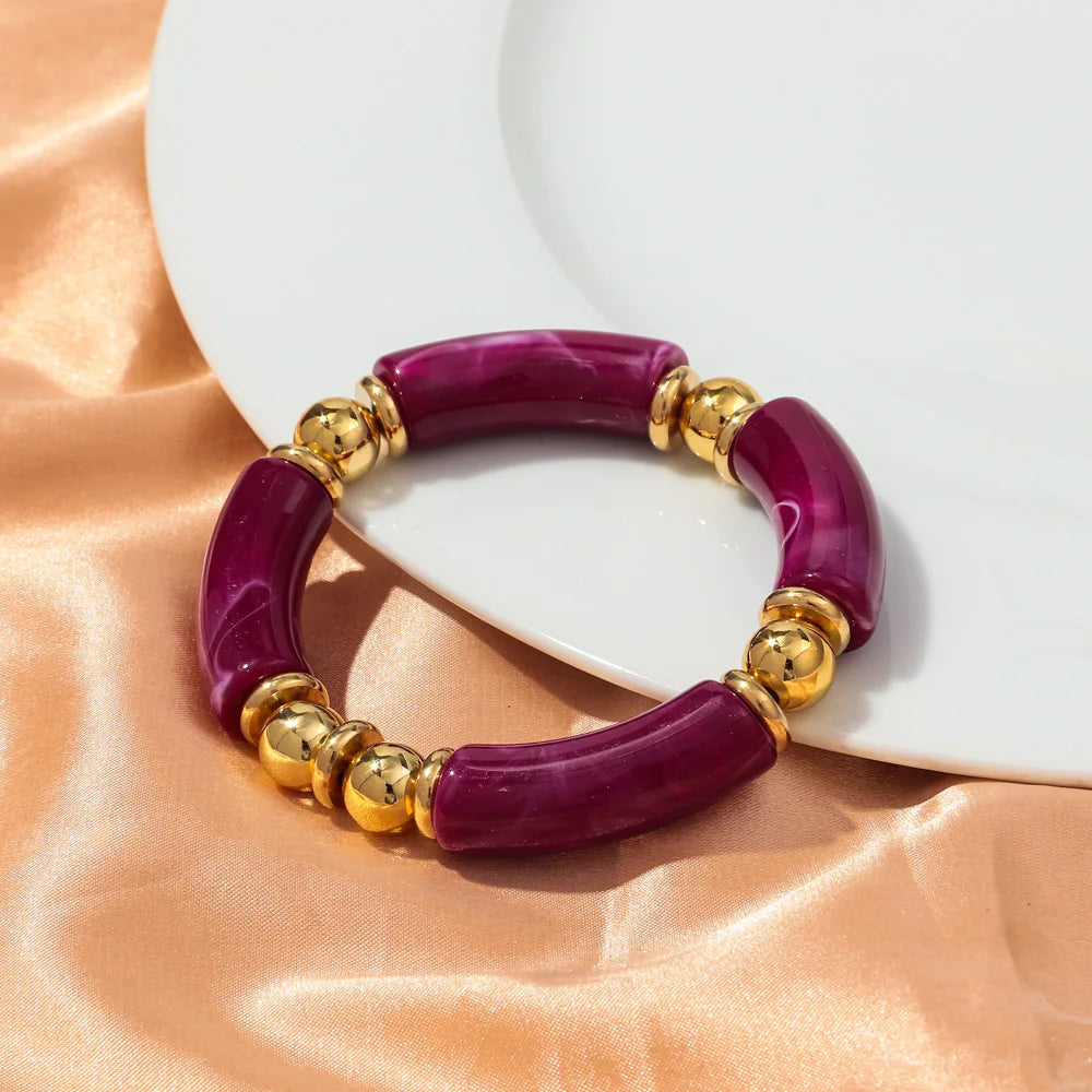 New Design Acrylic Gold Color Beads Chunky Bamboo Bracelets for Women Resin Curved Tube Stretchy Bangle 2024 Fashion Jewelry