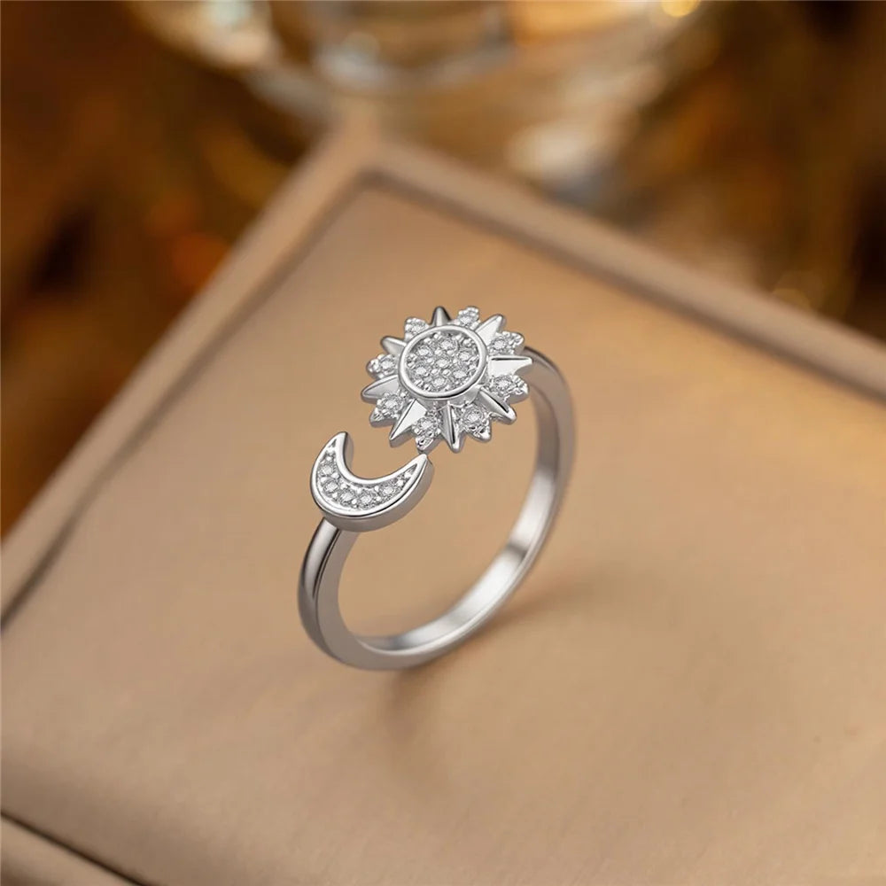 Charm Female White Small Moon Sun Zircon Stone Tredny Adjustable Open Ring Gold Silver Color Cute Gift Wedding Jewelry For Women
