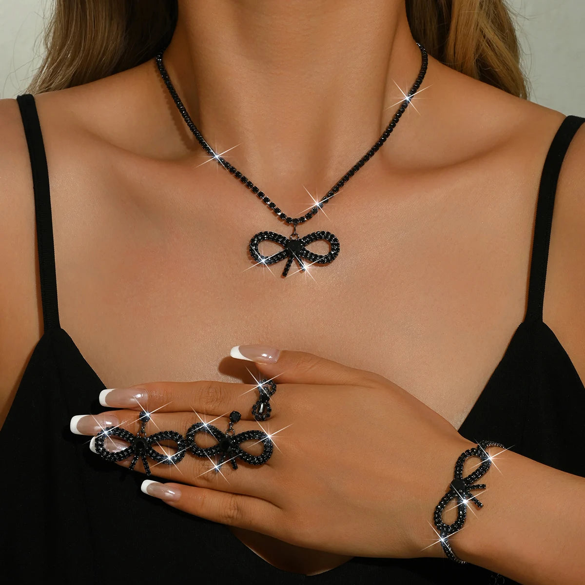 Girl style crystal bow complete set of jewelry, necklace, earrings, bracelet, ring, women's date, dinner dress accessories
