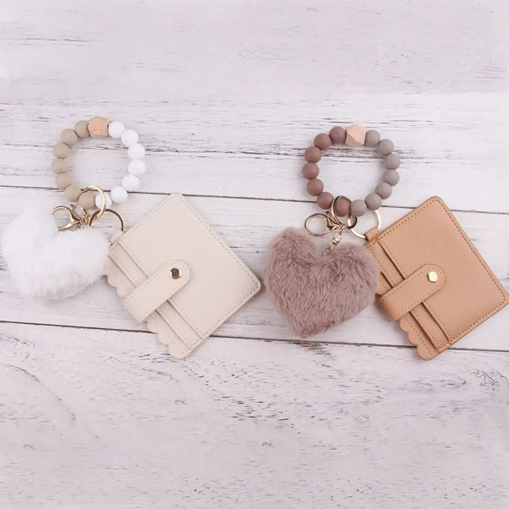 Solid Leather Leather Card Bag Keychain Tassel Design Silicone Beaded Wristlet Keychain Keychain Feature Wristlet Style
