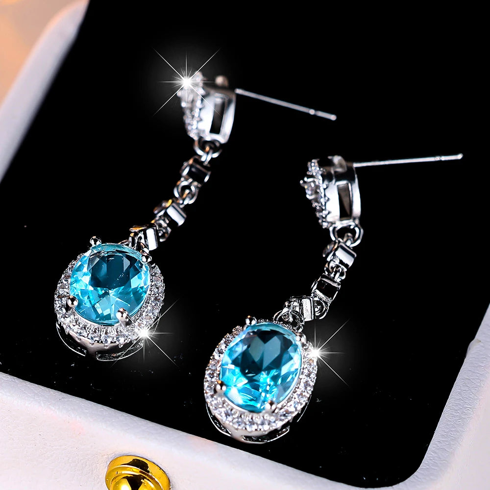 Elegant Female Light Blue Zircon Stone Drop Silver Color Earrings Cute Dangle Boho Long Wedding Jewelry For Women
