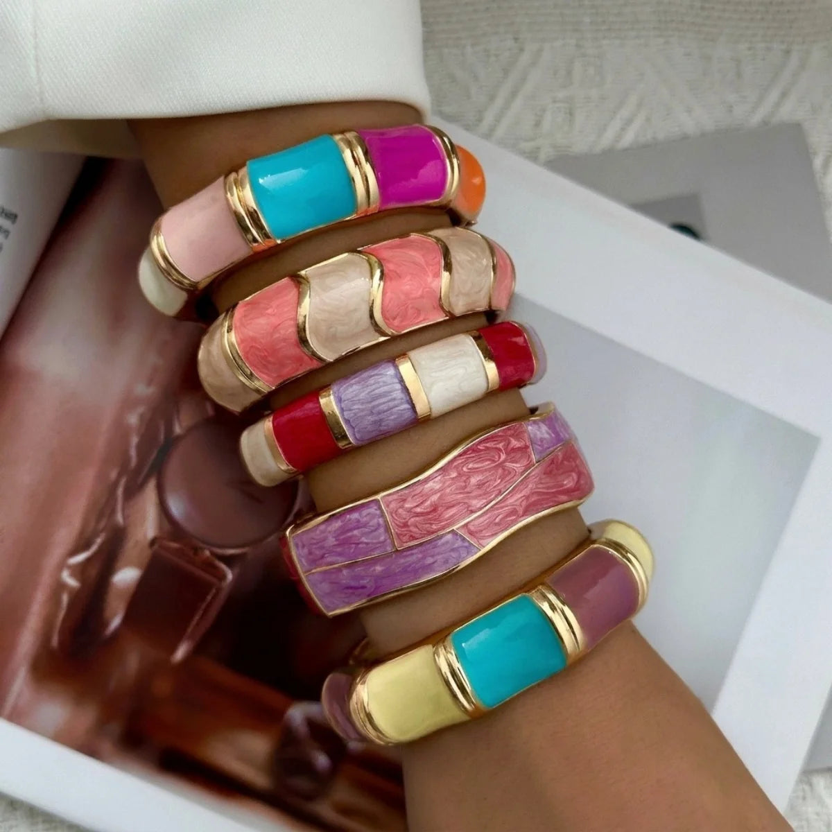 KMVEXO 10 Style Bohemian Colorful Enamel Open Cuff Bracelet For Women Irregular Geometric Metal Bangles Party Jewelry Gift