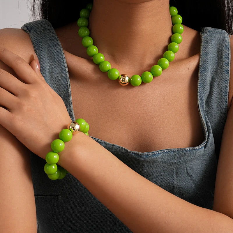 Colorful Acrylic Beads Choker Necklace and Bracelet Sets for Women Statement Jewelry Gift Accessories Fashion