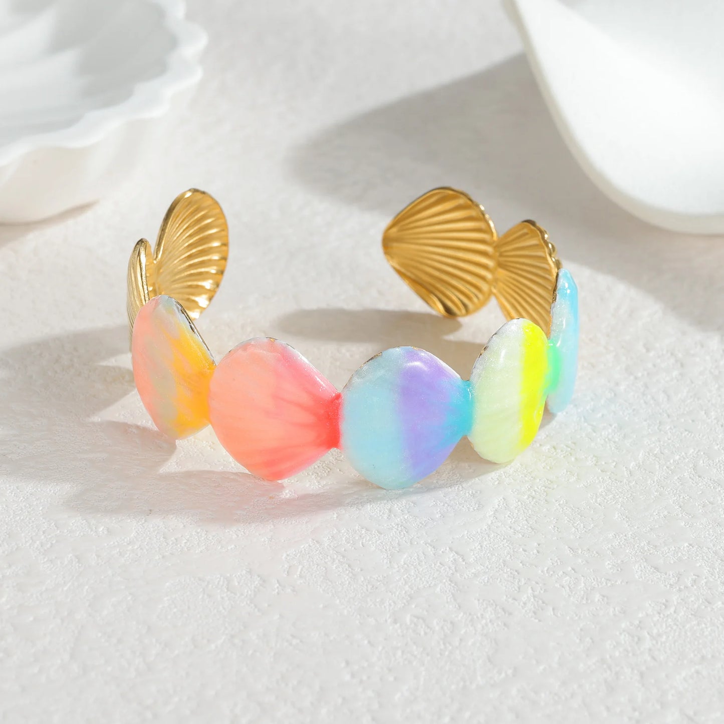 Freeteeme Stylish Colorful Oil Dripping Shell Starfish Bangle for Women Stainless Steel Ocean Series Open Bracelets Beach Gifts