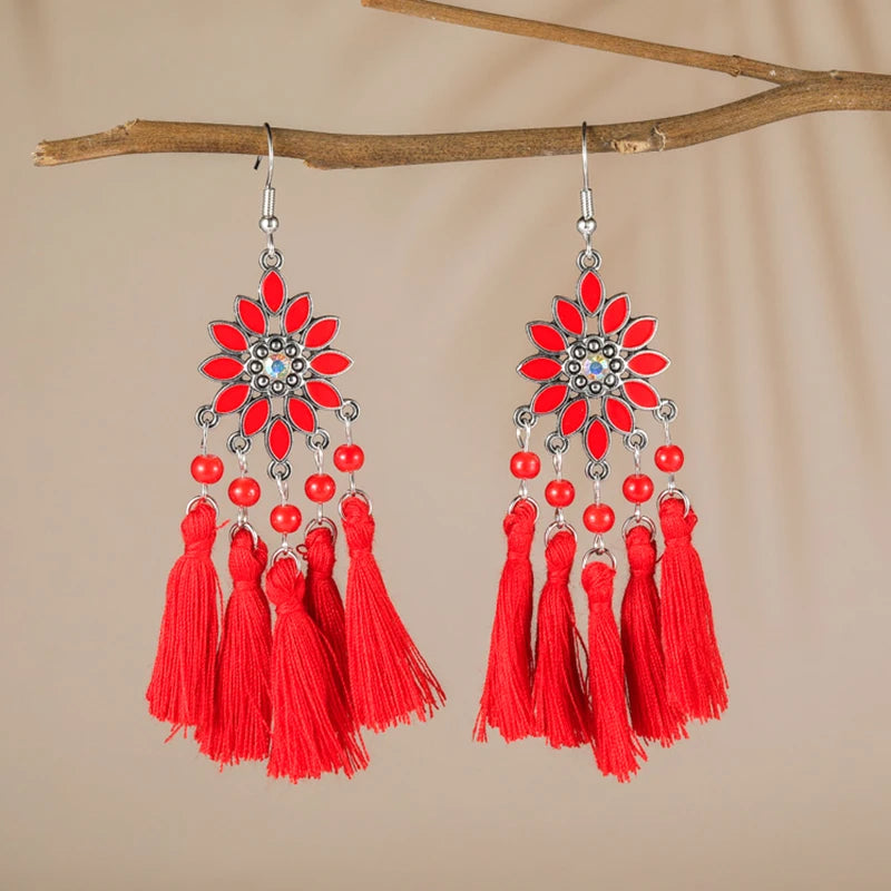 Classic Ethnic Tassel Earrings for Women Bohemian Enamel Flower Crystal Handmade Earring Female DailyVacation Jewelry