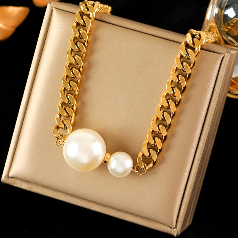 EILIECK 316L Stainless Steel Large Flower White Pearl Necklace For Women Fashion New Party Gift Neck Chain Waterproof Jewelry