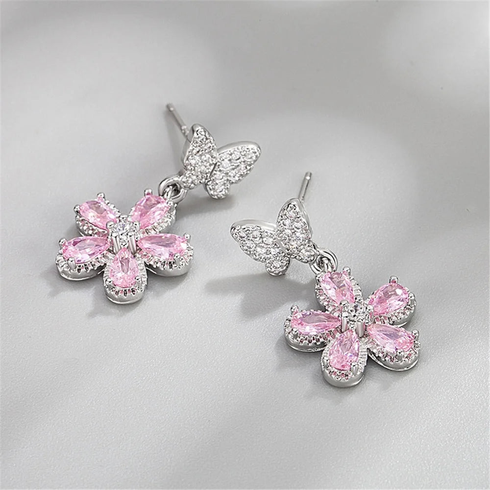 Cute Female Pink Zircon Stone Silver Color Stud Flower Earrings Lovely Bridal Wedding Jewelry For Women