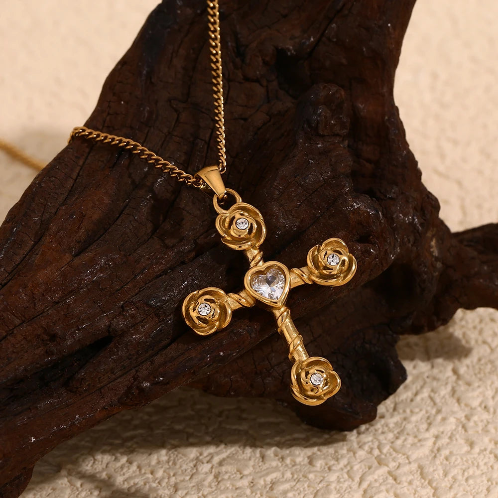 E.B.belle White Rhinestone Rose Cross Necklace Earring Flower Jewelry Set Stainless Steel 18K Gold Plated Waterproof Charm
