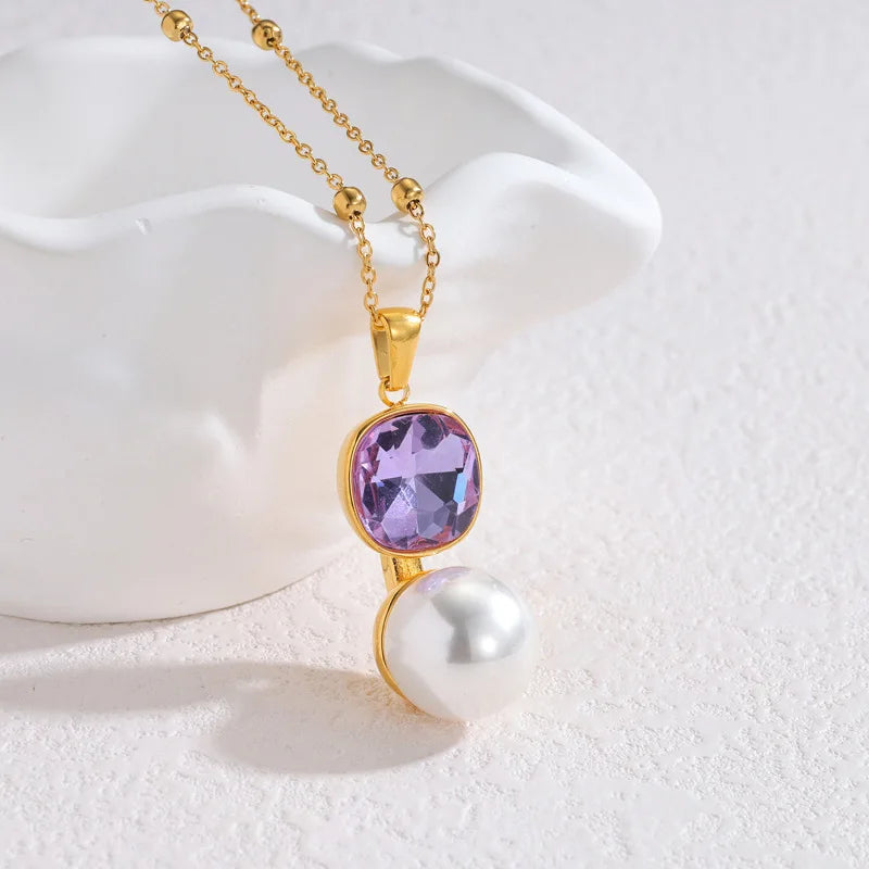 EILIECK Purple Crystal Zirconia Pearl Necklace Earrings Trendy Stainless Steel Waterproof Jewelry Set Golden Metal Texture Women