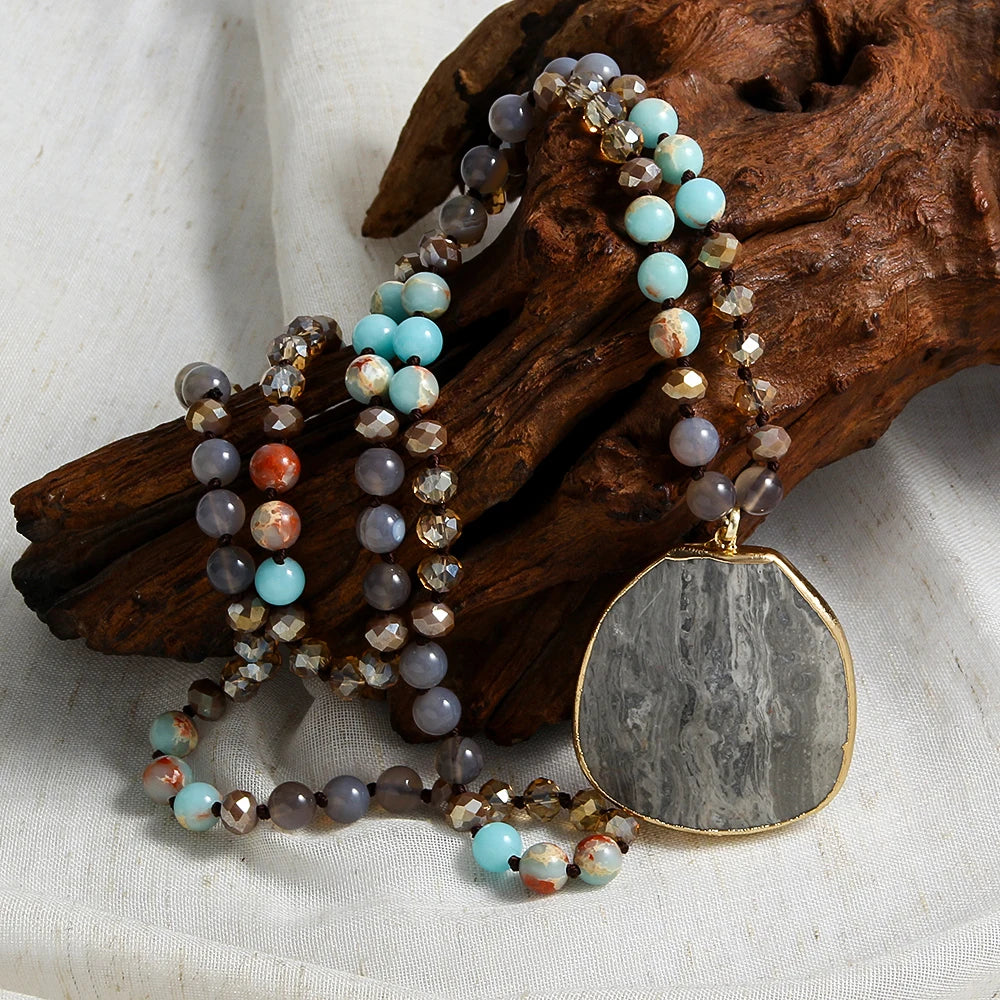 Women Fashion Bohemian Style 8mm Multicolor Natural Stone Glass Knotted Necklace Irregular Cut Surface Heavy Stone Pendant
