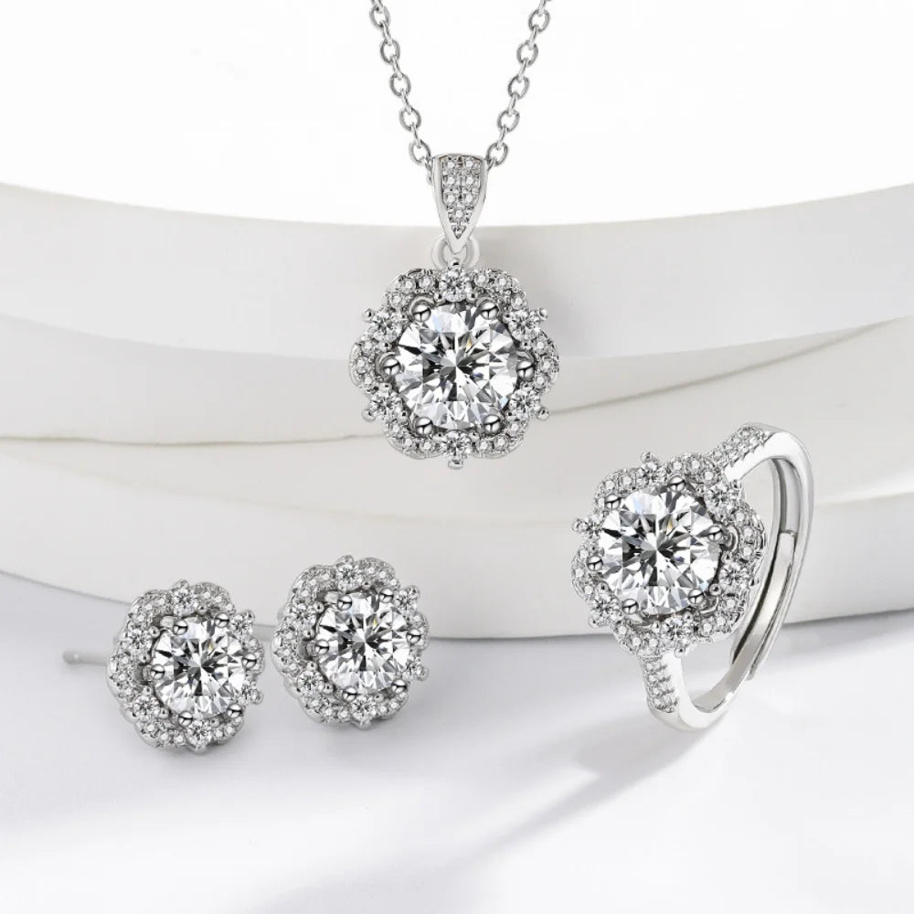 925 Sterling Silver Jewelry Set Round Zircon Necklace Earrings Ring Women Fashion Simple Birthday Wedding Party Jewelry Gift