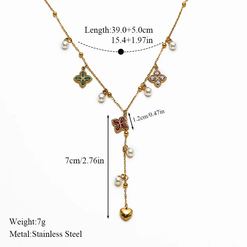 EILIECK Women's Trendy Floral Pink Zirconia Pendant Necklace Stainless Steel Neck Chain Daily Water-resistant Jewelry Lady Gift