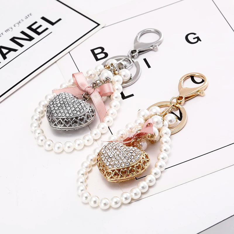 Pink Bow Love Pearl Chain KeyChain Sparkling Crystal Women's Luxury Handbag Pendant Car Key Ring