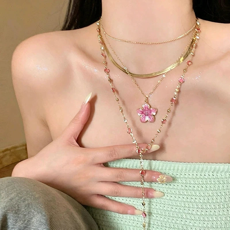 4Pcs/Set Summer Flower Pendant Multi Layer Crystal Pearl Gold Color Chain Necklace Sets For Women 2026 Trendy Boho Neck Jewelry