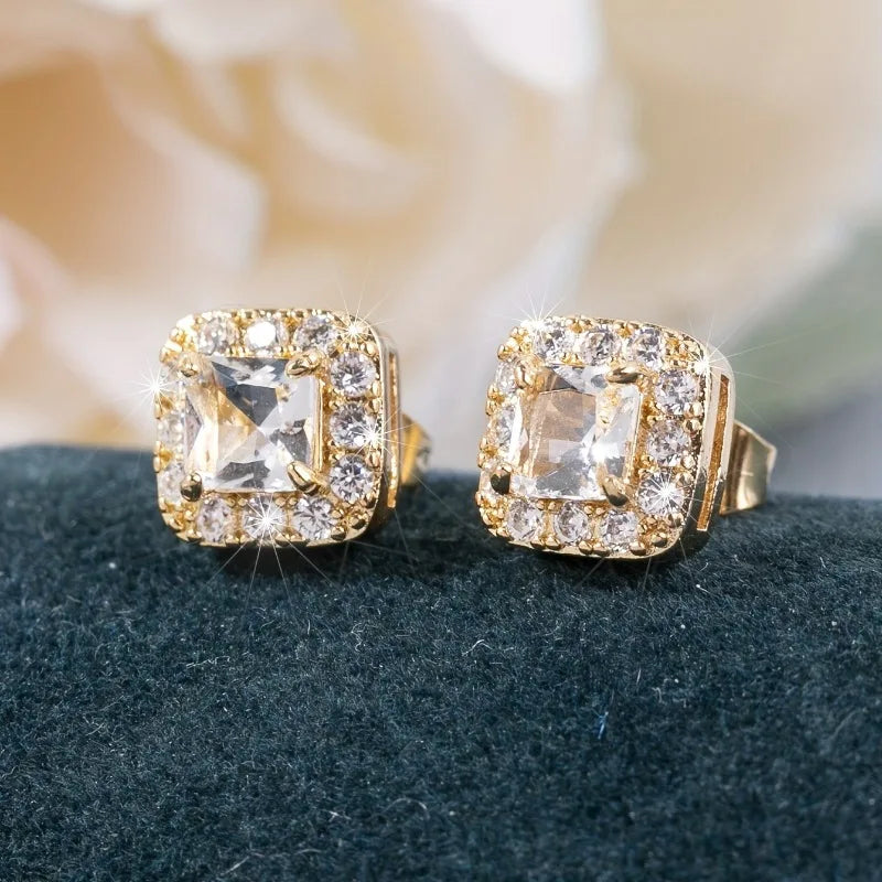 Eternity Green CZ Stud Earrings for Women Gold Color Luxury Bride Wedding Earrings Elegant Ear Accessories Party Jewelry