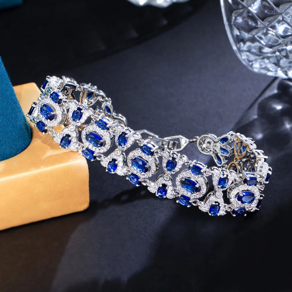 ThreeGraces High Quality Light Blue Cubic Zirconia Silver Color Elegant Link Chain Bridal Bracelet for Women Party Jewelry BR310