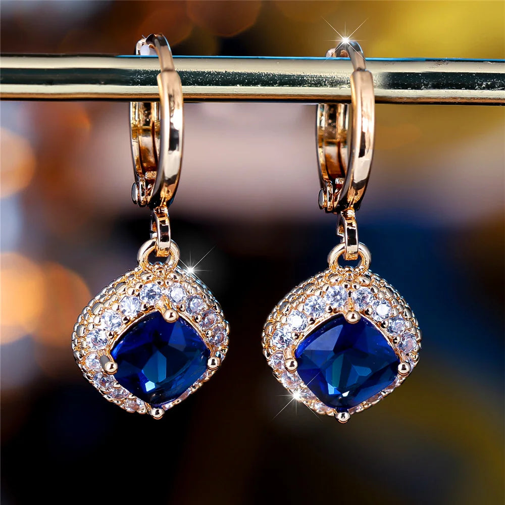 Cute Female Blue Zircon Stone Square Hoop Earrings Fashion Female Gold Color Wedding Jewelry For Women