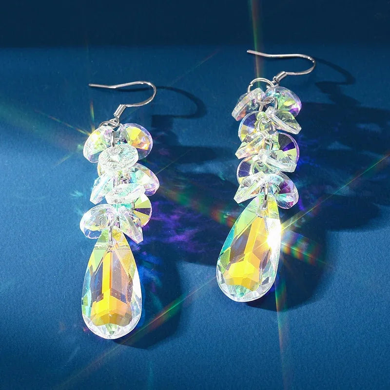 Fashion Long Tassel AB Color Crystal Dangling Earrings for Women Temperament Elegant Engagement Party Jewelry Gifts
