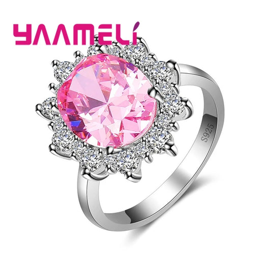 Gorgeous Sweet Real 925 Sterling Silver Color Big Oval Pink Crystals Rings For Lady Women Wedding Engagement Fashion Anel