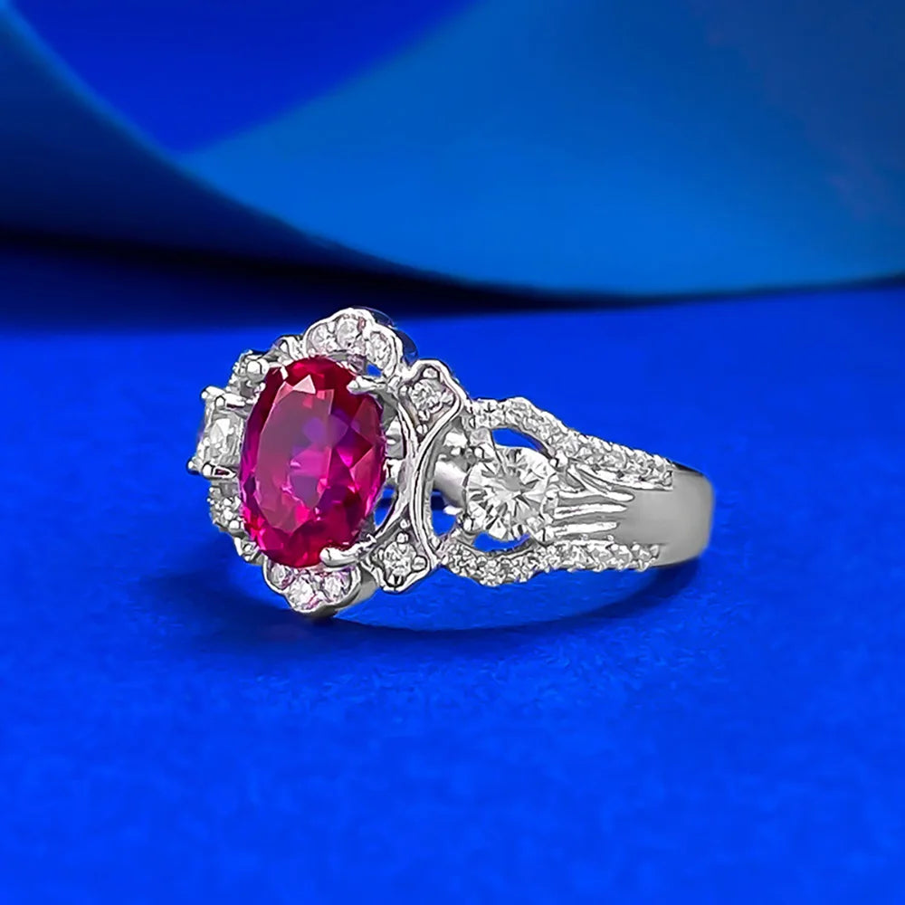 Vintage 100% 925 Sterling Silver 6*8mm Blood Ruby Rings for Women Lab Diamond Gemstone Cocktail Party Fine Jewelry Birtyday Gift