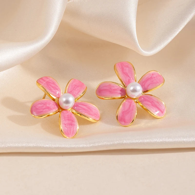 ANENJERY 316L Stainless Steel Colorful Enamel Flower Butterfly Earrings For Women French Delicate Elegant Jewelry Birthday Gifts