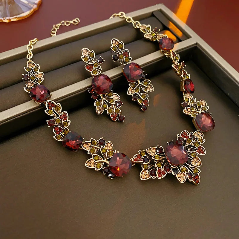 Unique Design Square Leaf Earrings Choker Nacklace for Women Light High-end Red Rhinestone Jewelry Sets Anniversary Gift H