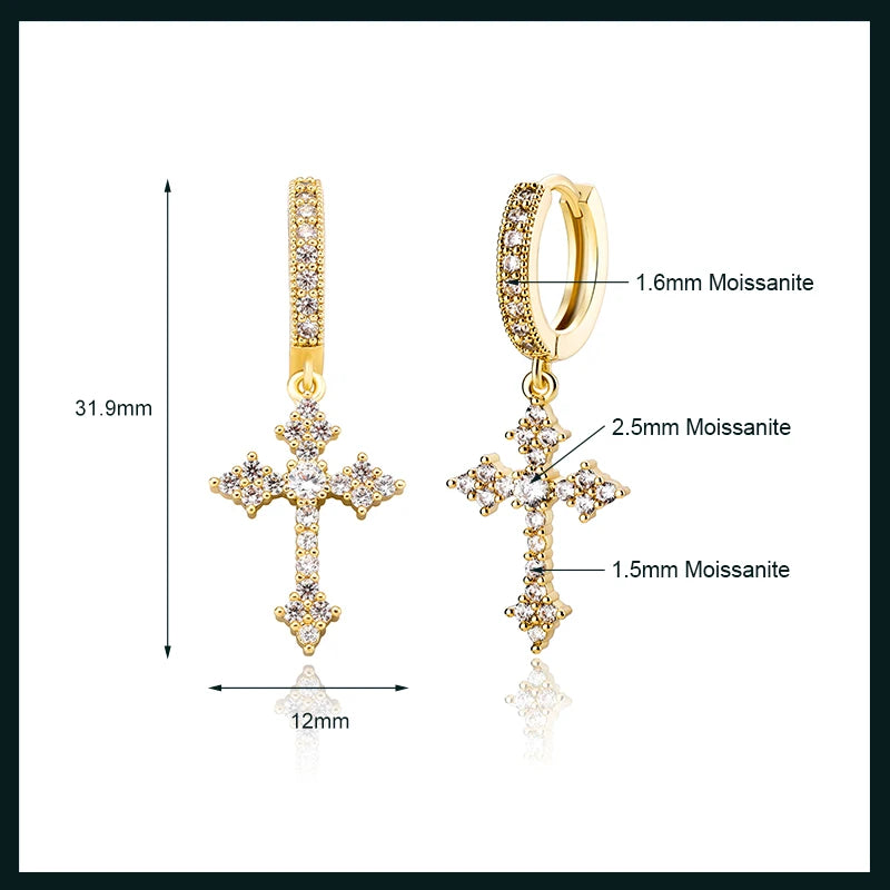 OXTAO Statement Hiphop Cross Earrings for Men Women 2.5mm D VVS1 Moissanite Drop Earrings Party Jewelery Gifts 14K Gold Filled