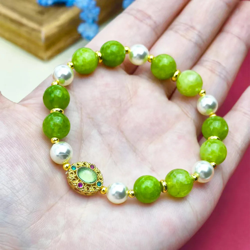 NEW Natural Green stone Beaded Pearl Bracelet for Women Golden Charm Boho Bracelet Wedding Party Daily Wear Jewelry Gift