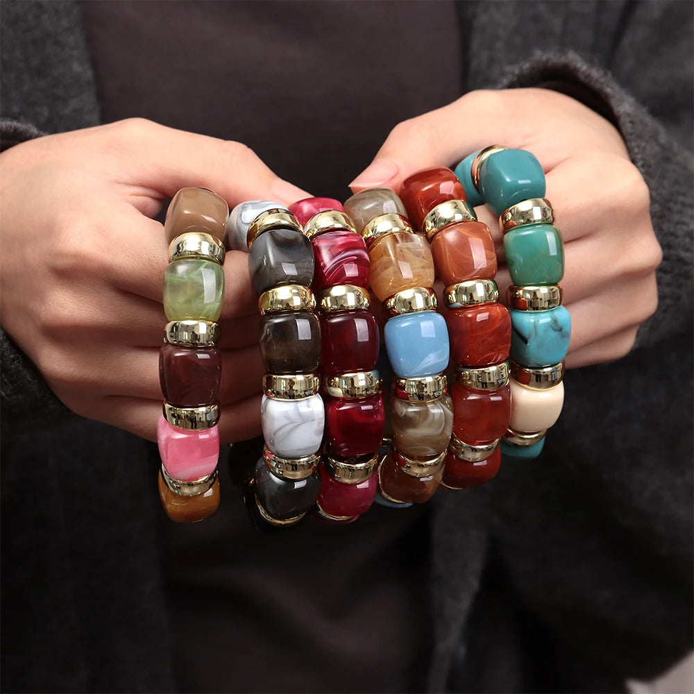 Trendy Acrylic Colorful Square Beads Elastic Bracelets Elegant Resin Geometric Stackable Bangles Bracelet Women's Jewelry Gifts
