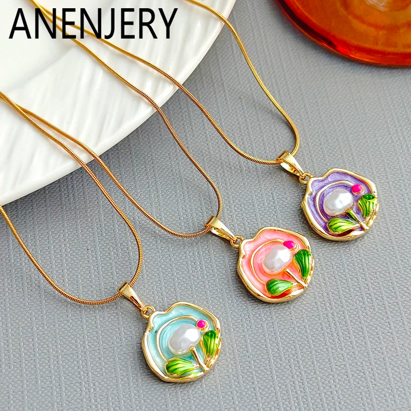 ANENJERY 316L Stainless Steel Colorful Enamel Flower Necklace For Women Temperament Elegant Jewelry Gifts Wholesale Party
