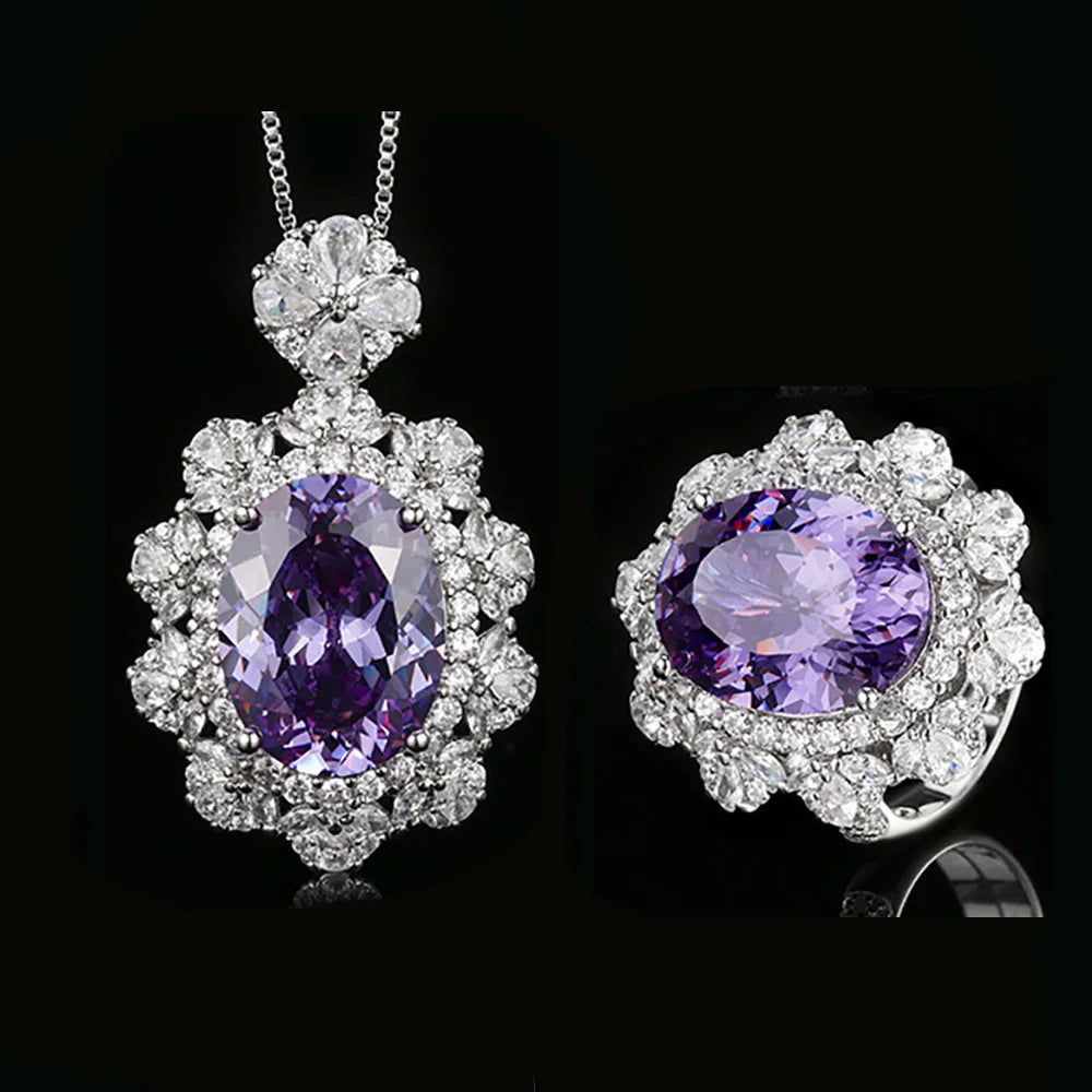 New Vintage 12*16mm Amethyst  Pink Quartz Pendant Necklace Rings for Women Gemstone Lab Diamond Party Jewelry Sets Birthday Gift