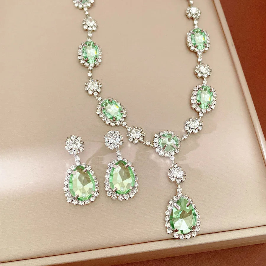 Shiny Cubic Zirconia Jewelry Set Women's Fashion Water Drop Teardrop Rhinestone Choker Necklace Dangle Earrings for Party K