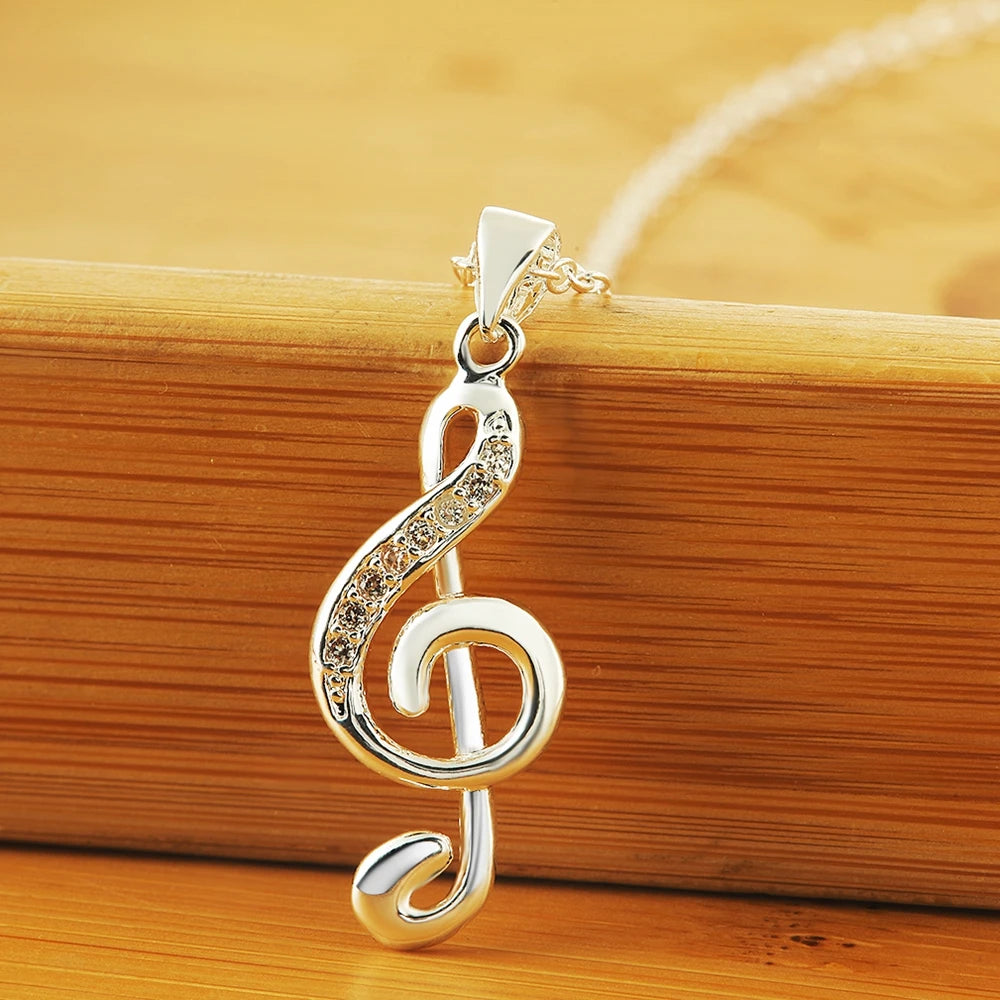 925 sterling Silver crystal Elegant musical note Pendant Necklace For Women luxury Fashion wedding accessories jewelry gifts