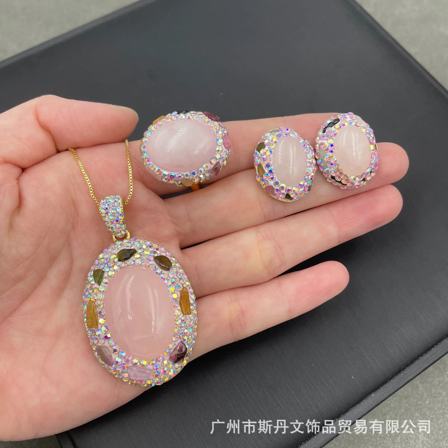 Natural powder crystal tourmaline rough stone set, fashionable light luxury natural Czech diamond, personalized jewelry three-pi