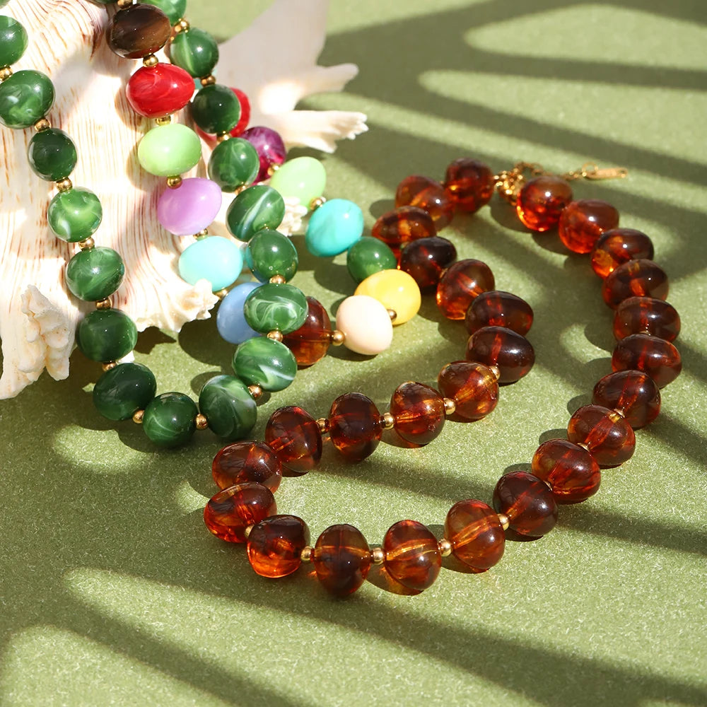 E.B.belle Colorful Candy Bead Strand Necklace Adjustable Gold Extension Chain Flat Oval Resin Beads Fashion Beach Women Jewelry