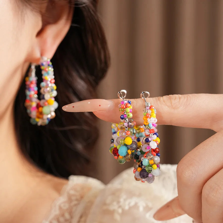 Colorful Glass Beaded Cluster Hoop Earrings for Women Shiny Wrapped Circle Huggie Earrings Vacation Festival Beach Jewelry N