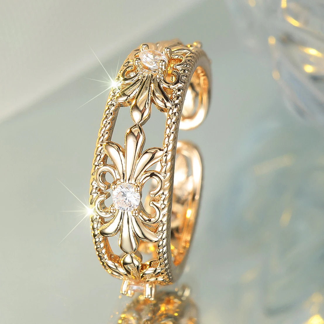 Cute Female White Zircon Flower Open Ring Gold Color Wedding Rings Promise Adjustable Engagement Jewelry For Women