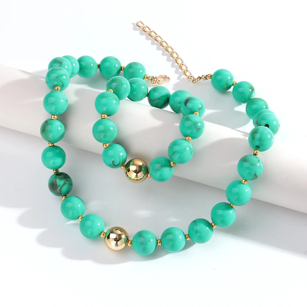 Trendy Acrylic Multicolor Round Beads Necklace Bracelet Set Resin Geometric Beaded Choker Necklaces 2026 Fashion Jewelry