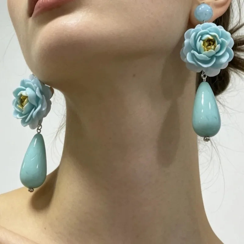 Blue Flowers Earrings for Women Teardrop Vintage Palace Style Sweet Pendientes Mujer Elegant Exquisite  Versatile Jewelry