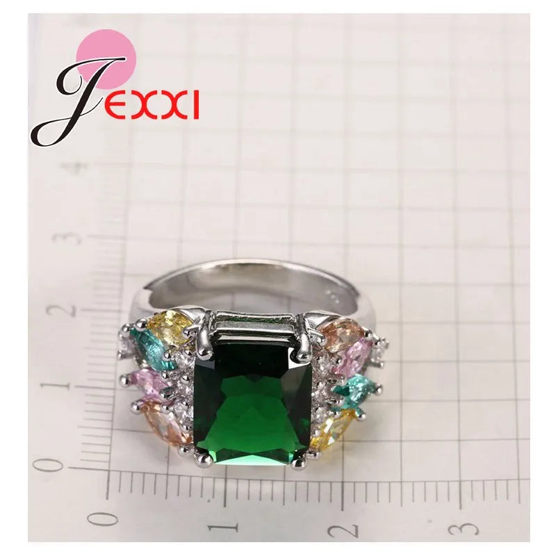 Hot Sale Bands Jewelry Ring Green Austrian Crystal Fashion 925 Sterling Silver Color Wedding Engagement Rings For Women Bague
