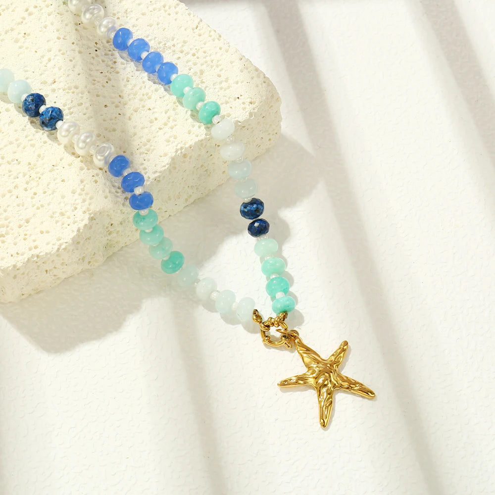Badu Summer Colorful Natural Stone Beads Stainless Steel Starfish Pendant Necklace for Women Bohemia Beach Jewelry Waterproof