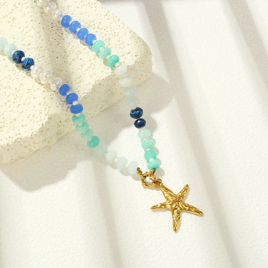 Badu Summer Colorful Natural Stone Beads Stainless Steel Starfish Pendant Necklace for Women Bohemia Beach Jewelry Waterproof