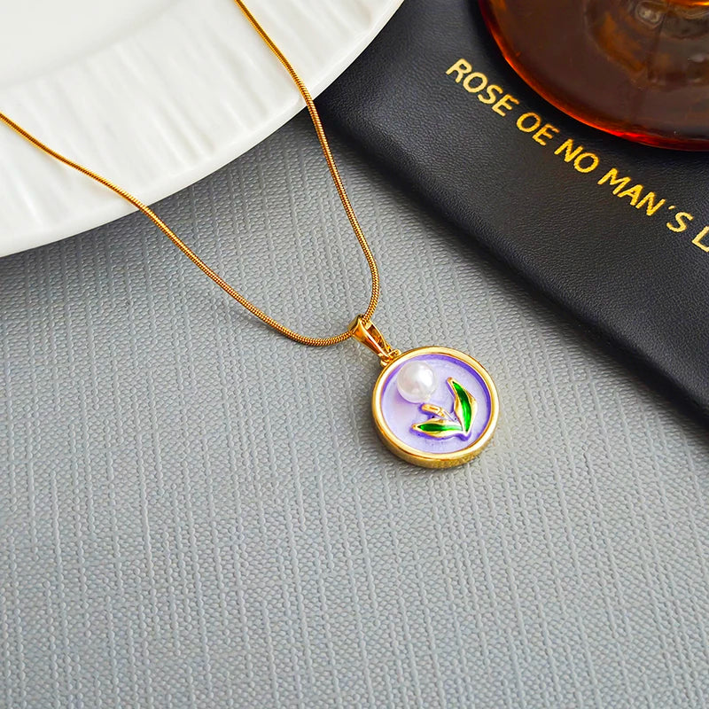 ANENJERY 316L Stainless Steel Round Card Flower Pearl Pendant Necklace For Women Delicate Artistic Choker Jewelry Gift Wholesale