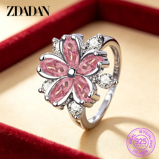 ZDADAN 925 Sterling Silver Flowers Pink Zircon Open Adjustable Rings For Women Fashion Jewelry