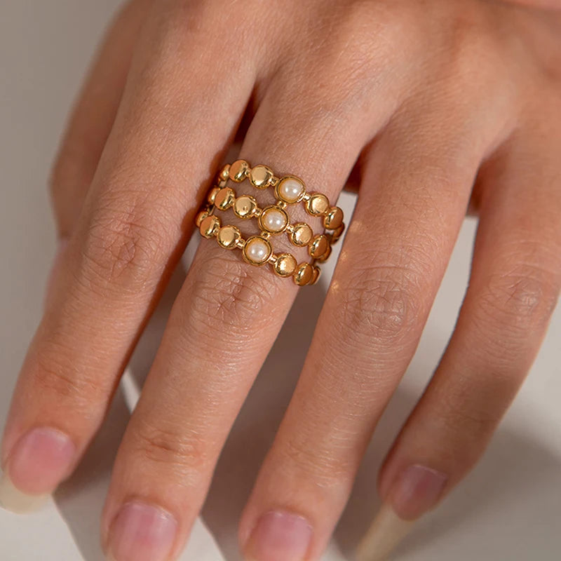 ANENJERY 316L Stainless Steel Turquoise Zircon Hollow Open Multi Layered Ring for Women Vintage Niche Jewelry Gifts Wholesale