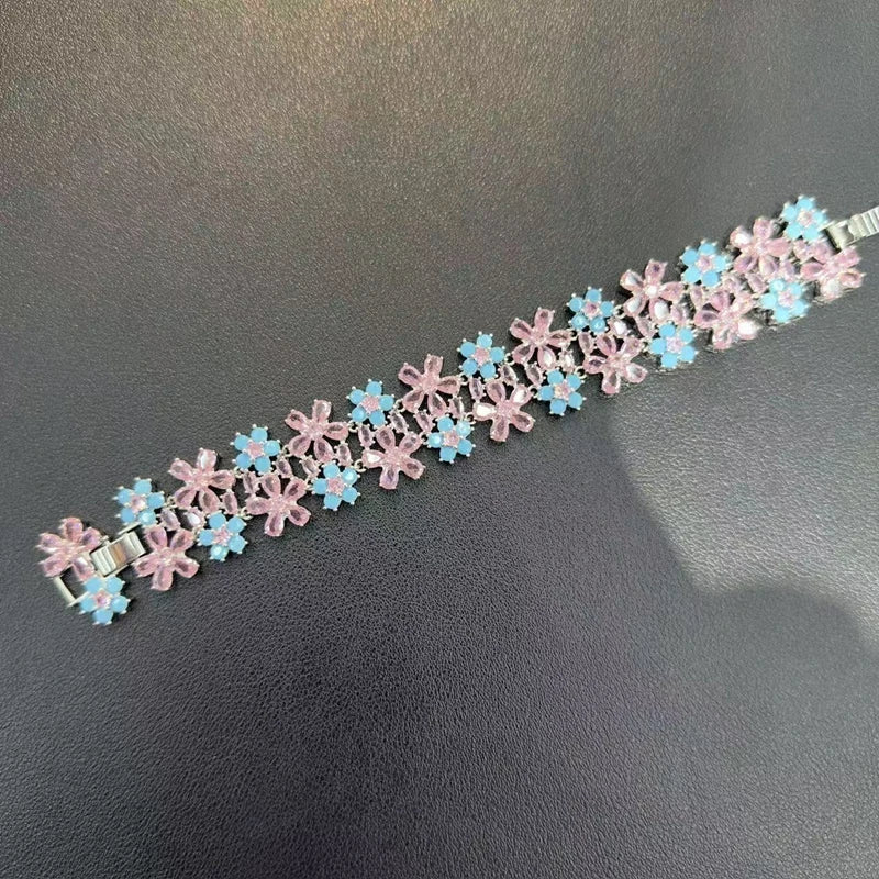 Luxury Cubic Zirconia Gemstone Bracelet Ring Earring Jewelry Set for Women Wedding Gift Colorful Stone Five Petal Flower Design
