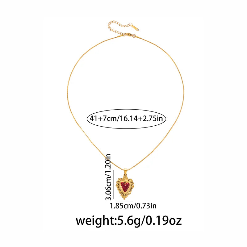 ANENJERY 316L Stainless Steel Red Heart Geometry Pendant Necklace For Women Vintage French Elegant Jewelry Gifts Wholesale