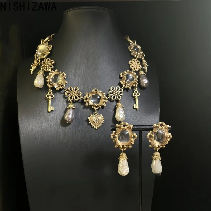NISHIZAWA Pearls Dangle Earrings for Women Geometric Vintage Court Style Jewelry Fashion Elegant Luxury Pendientes Mujer